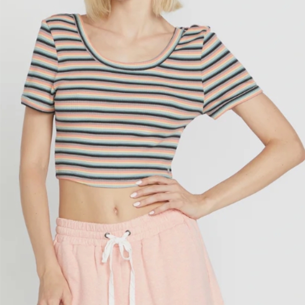 Volcom Lived In Lounge Knit Ringer Tee In Pastel Stripes Large Crop Top